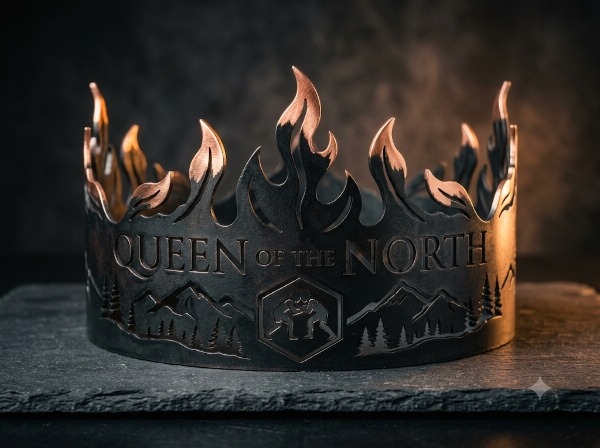 Queen of the North crown — dark steel with copper flames